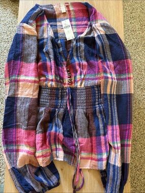 Pilcro Anthropologie -Plaid Drawstring Peplum Blouse in Pink + Navy